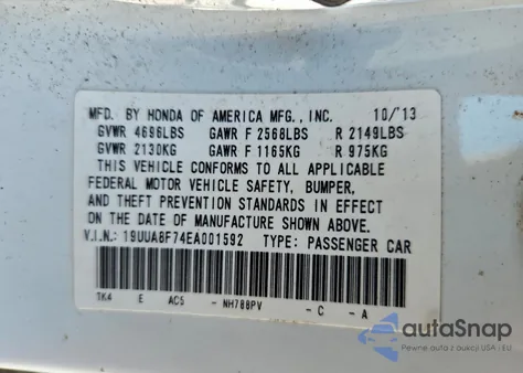 2014 Acura Tl Advance z USA, uszkodzony, nr VIN 19UUA8F74EA001592